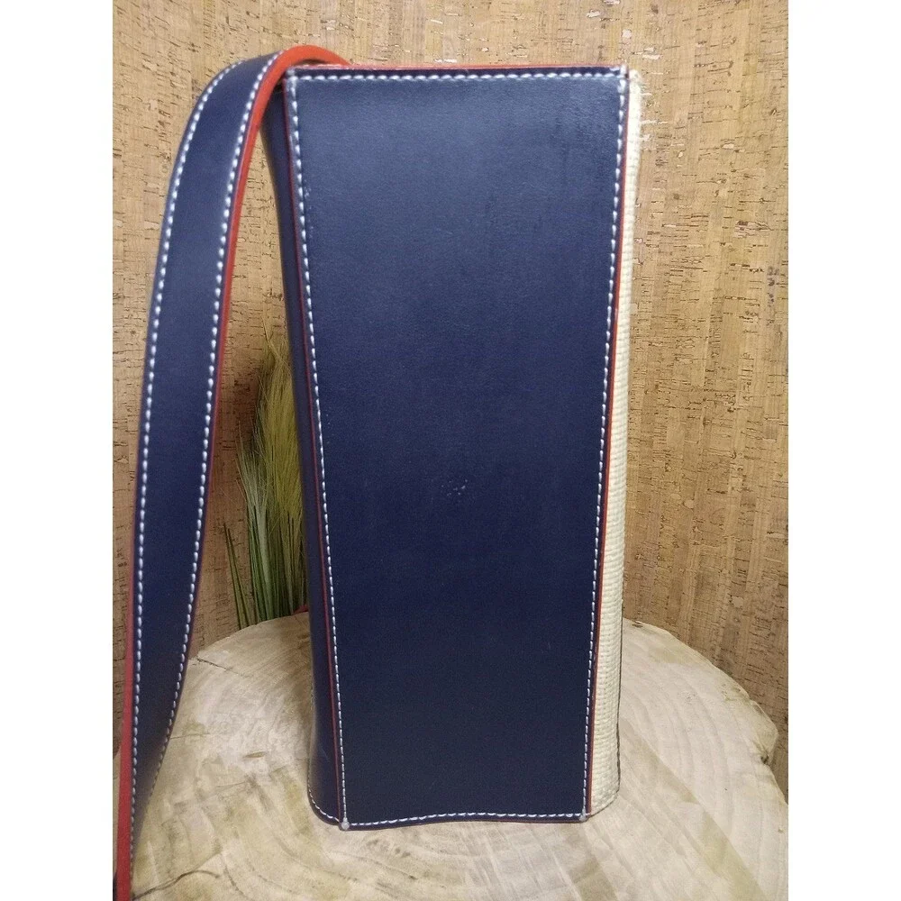 Tommy Hilfiger Woven Straw Handbag Crossbody Purse Navy Red Bamboo Handles